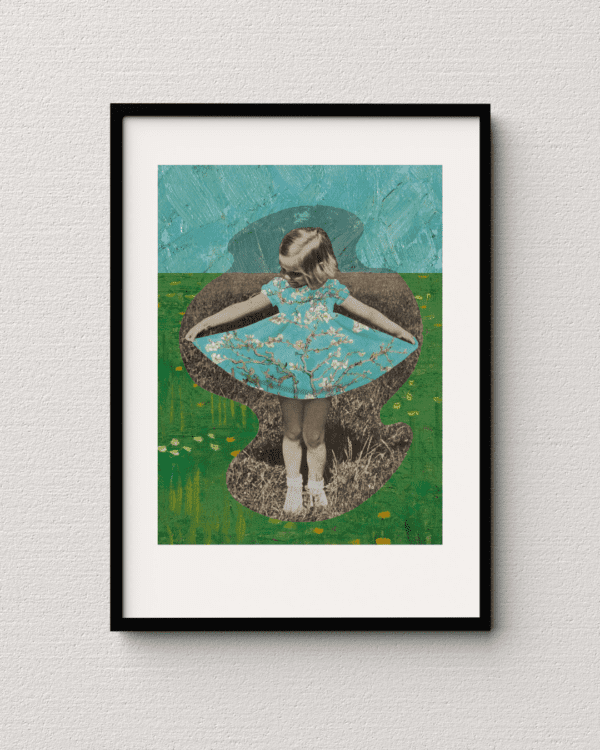 Collage art featuring a vintage ad of a little girl with her dress filled with Van Gogh’s almond blossom painting.