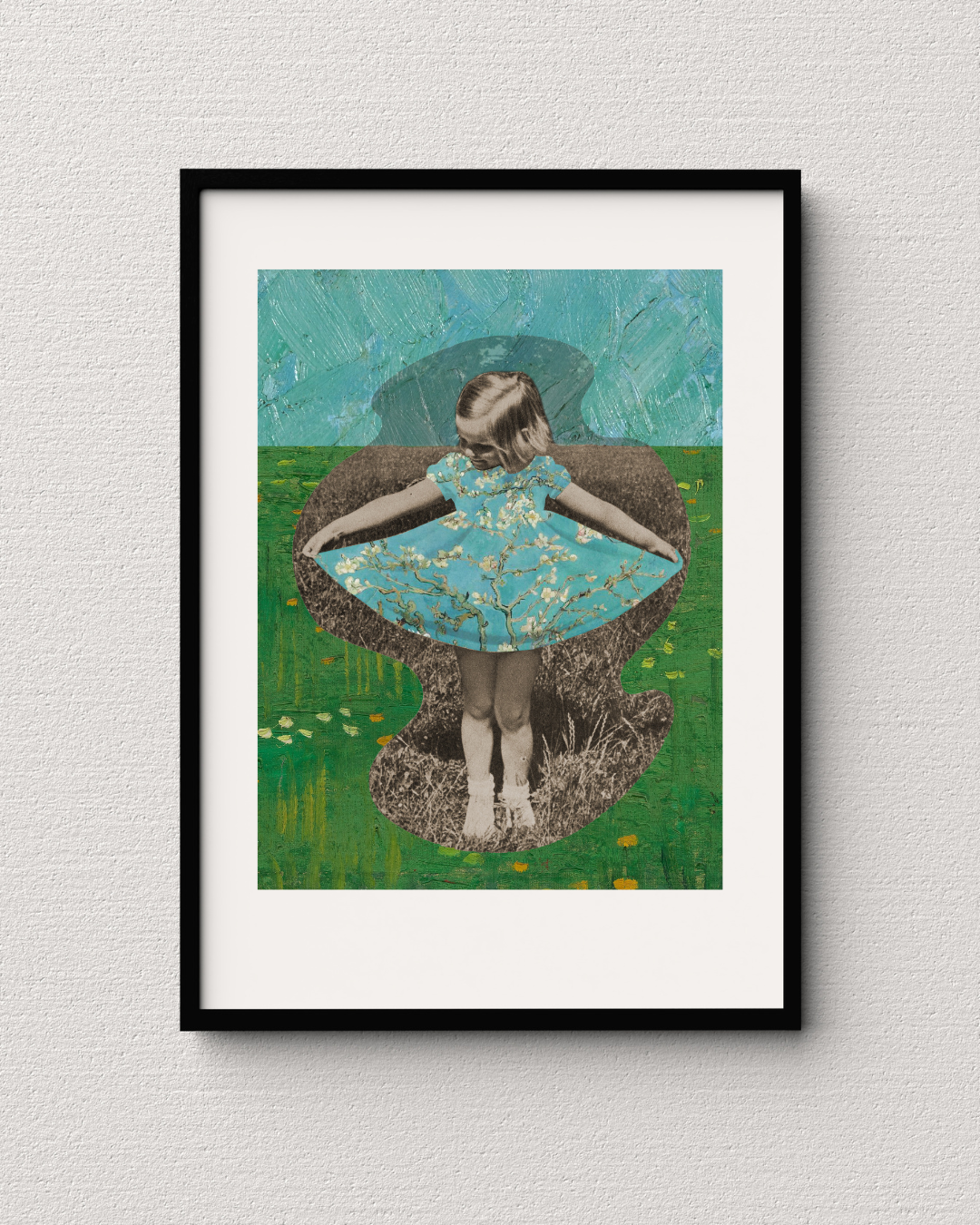 Collage art featuring a vintage ad of a little girl with her dress filled with Van Gogh’s almond blossom painting.