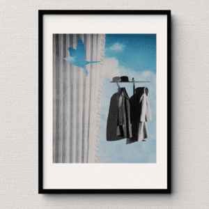Fine art print inspired by Magritte, featuring a collage of vintage ads with a bird filled with blue sky and white clouds.Fine art print inspired by Magritte, featuring a collage of vintage ads with a bird filled with blue sky and white clouds.