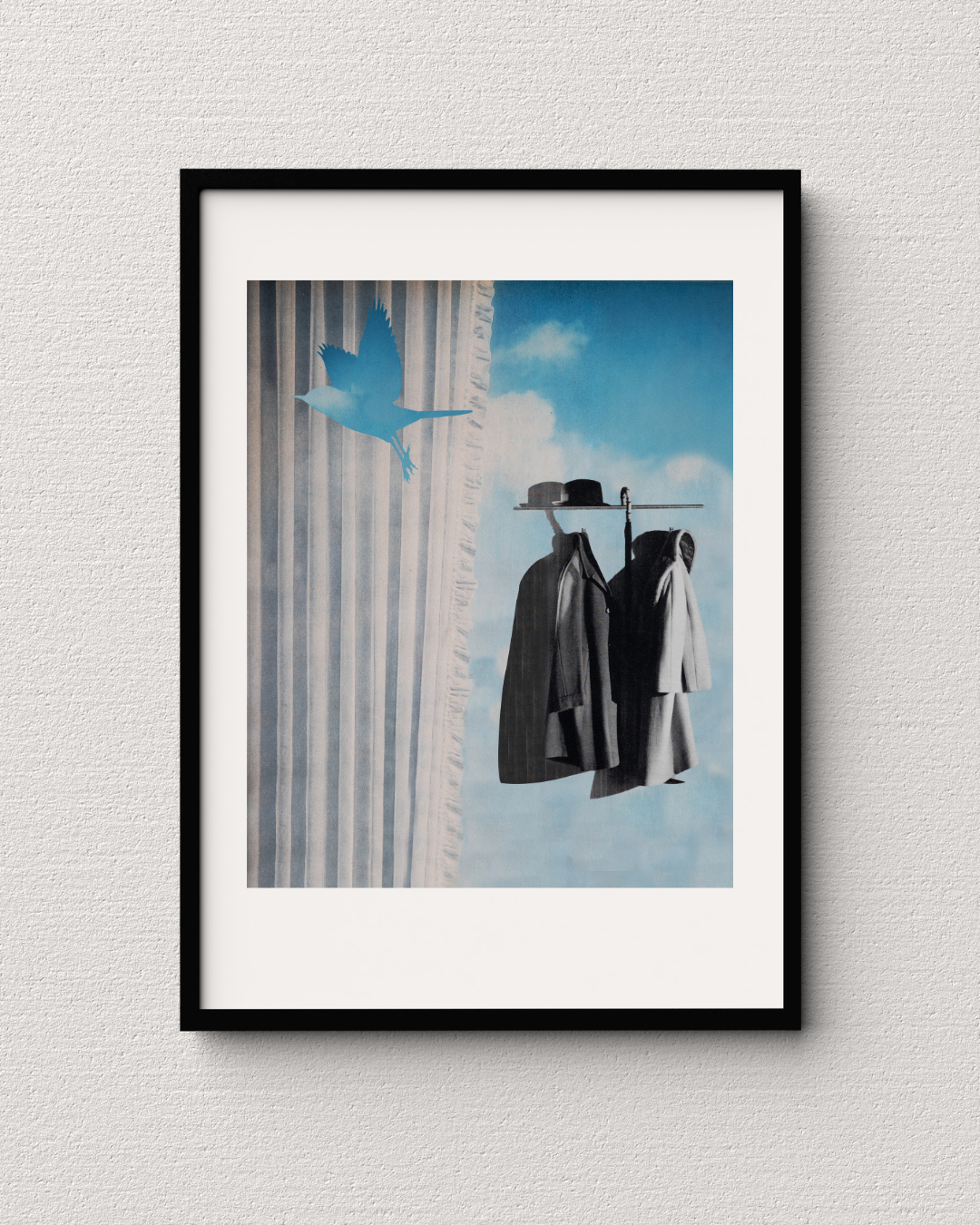 Fine art print inspired by Magritte, featuring a collage of vintage ads with a bird filled with blue sky and white clouds.Fine art print inspired by Magritte, featuring a collage of vintage ads with a bird filled with blue sky and white clouds.