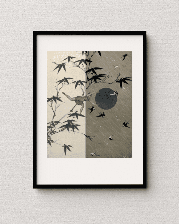 Fine art print of a woman on a branch with birds flying around, capturing a sense of movement and balance in a divided collage.