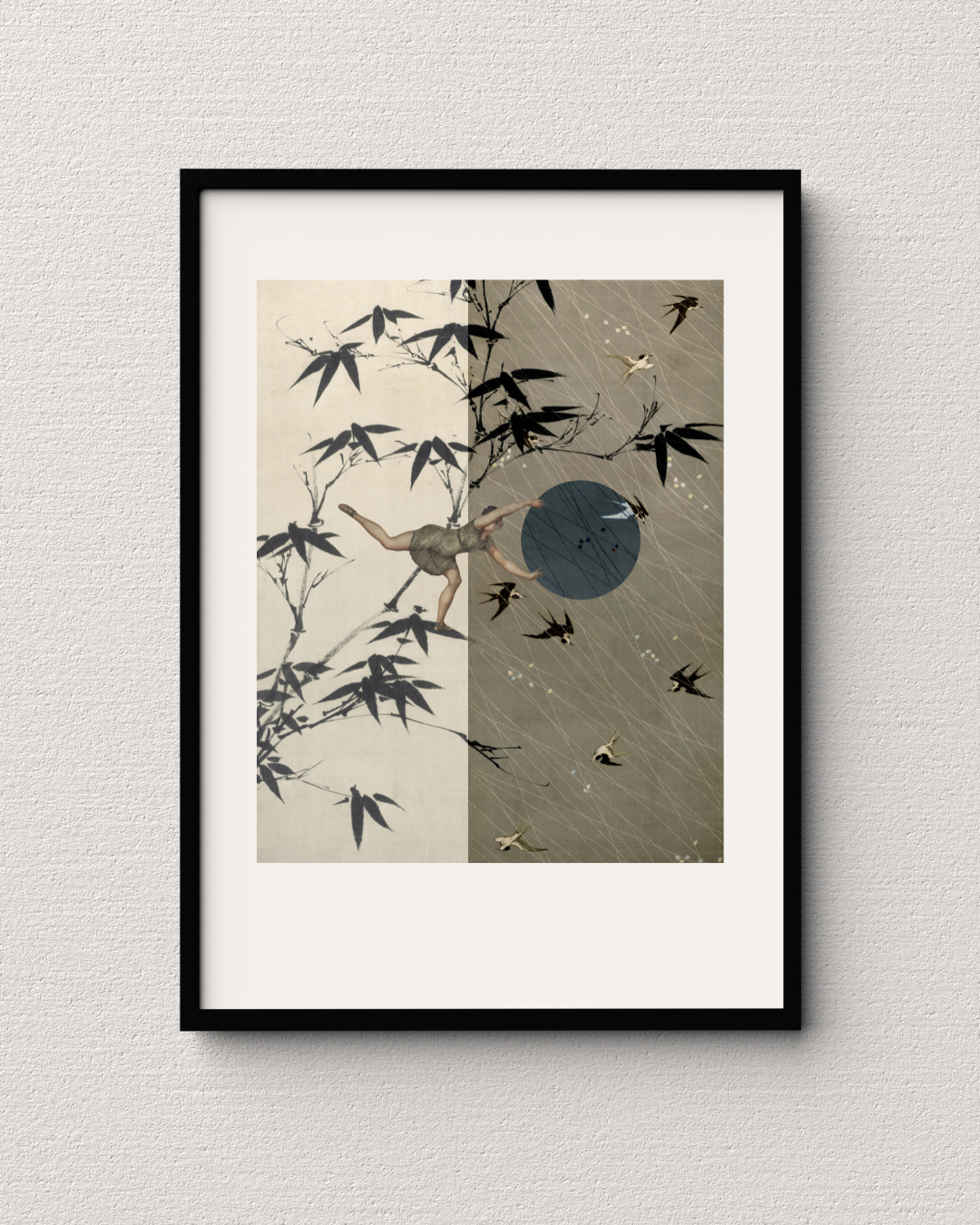 Fine art print of a woman on a branch with birds flying around, capturing a sense of movement and balance in a divided collage.