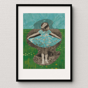 Collage art featuring a vintage ad of a little girl with her dress filled with Van Gogh’s almond blossom painting.