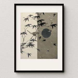 Fine art print of a woman on a branch with birds flying around, capturing a sense of movement and balance in a divided collage.